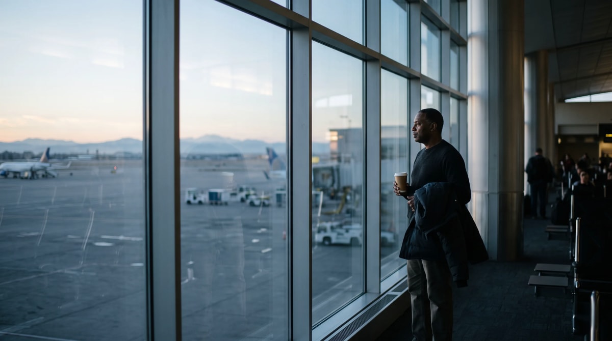 A traveler with a paper cup at a Denver airport gate window