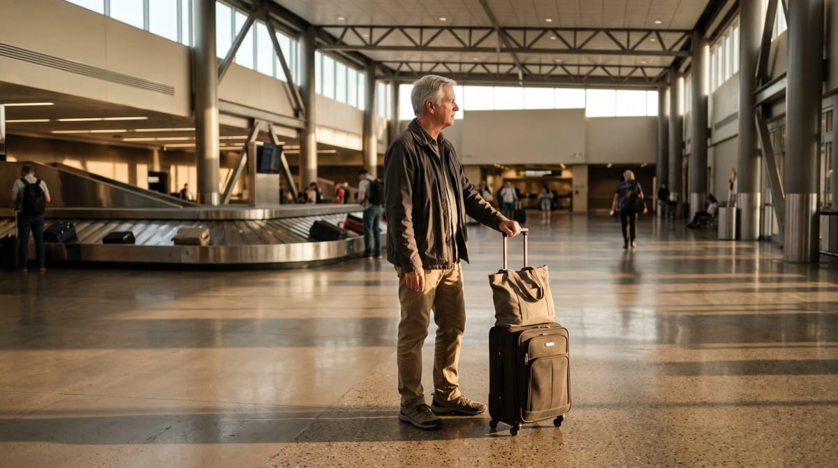 A traveler with a carry-on roller at Phoenix baggage claim