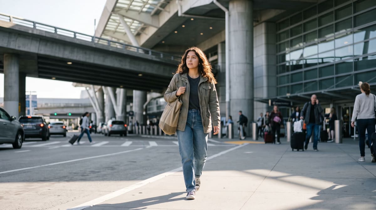 A traveler with a tote at San Francisco airport curbside