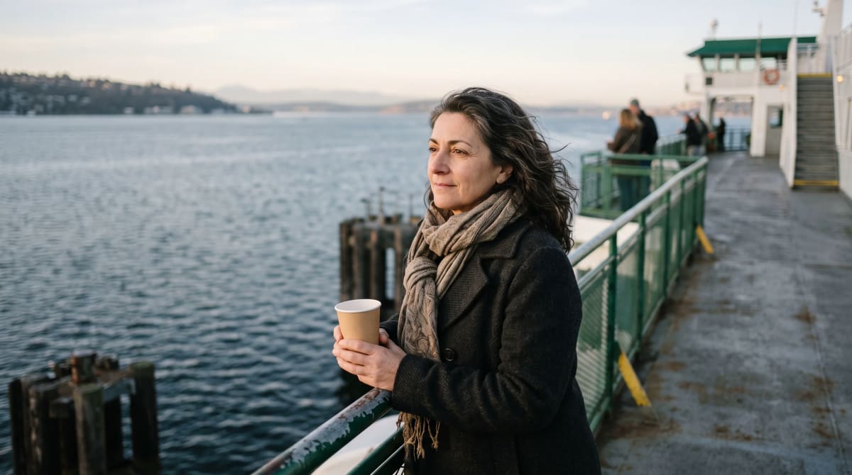 A traveler with a paper cup on a Seattle ferry deck