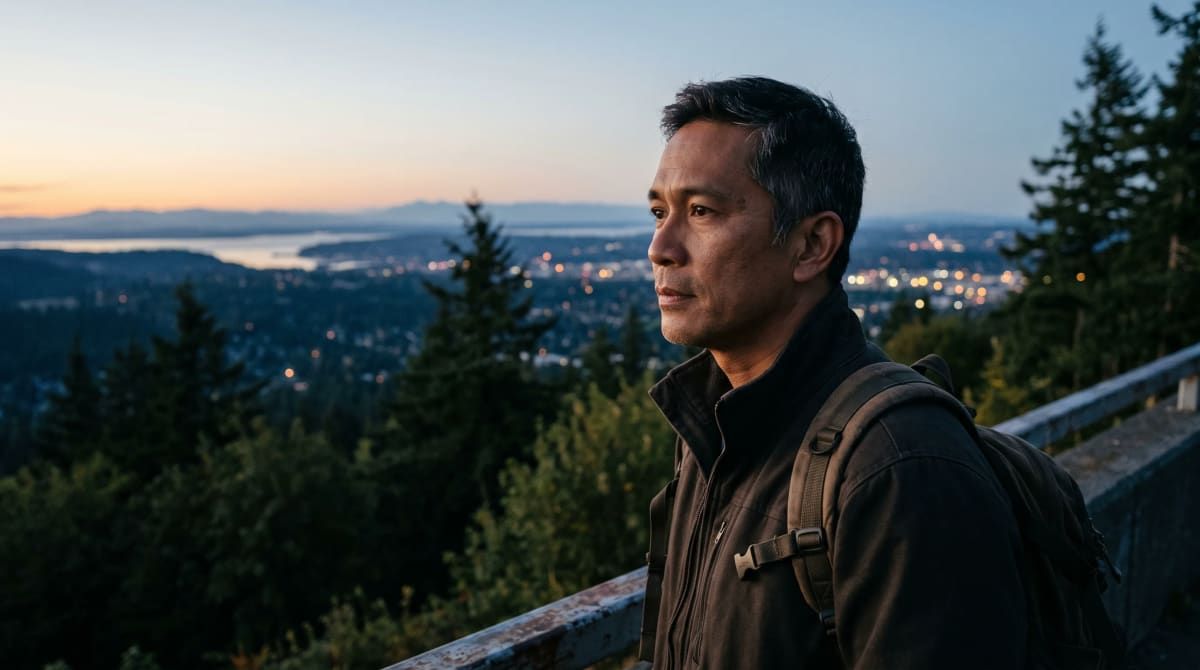 A traveler with a backpack at a Washington scenic overlook