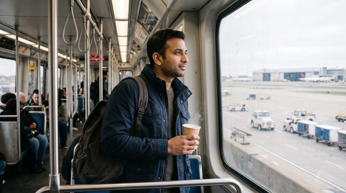 A traveler on an airport train with a paper cup in Boston