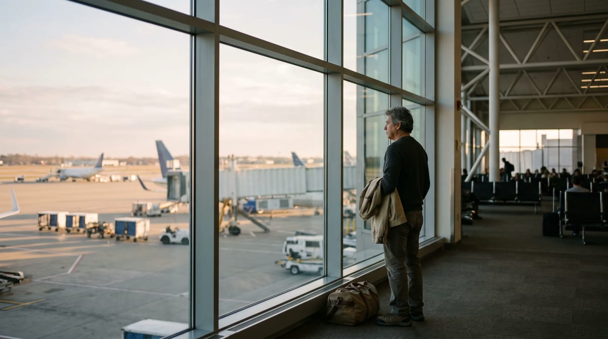 A traveler at an airport gate window with a jacket in Detroit