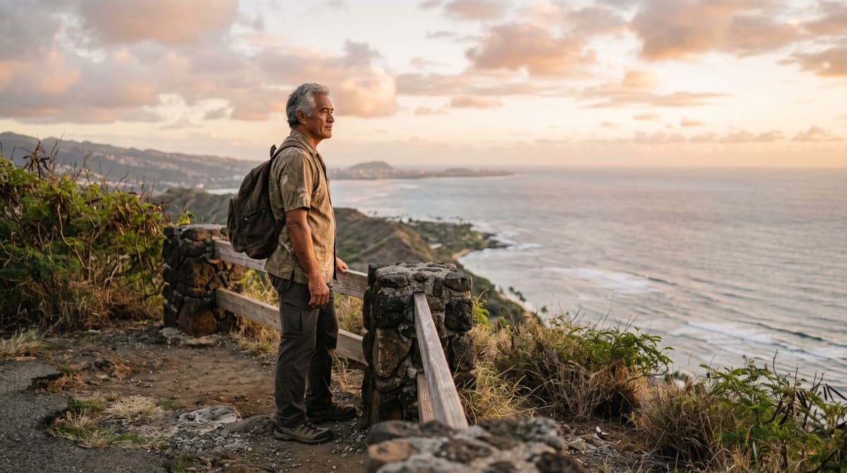 A traveler at a scenic overlook with a backpack in Honolulu