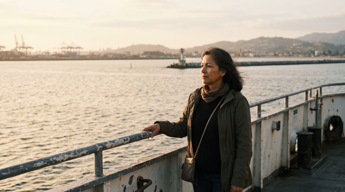 A traveler on a ferry deck with a jacket in Los Angeles