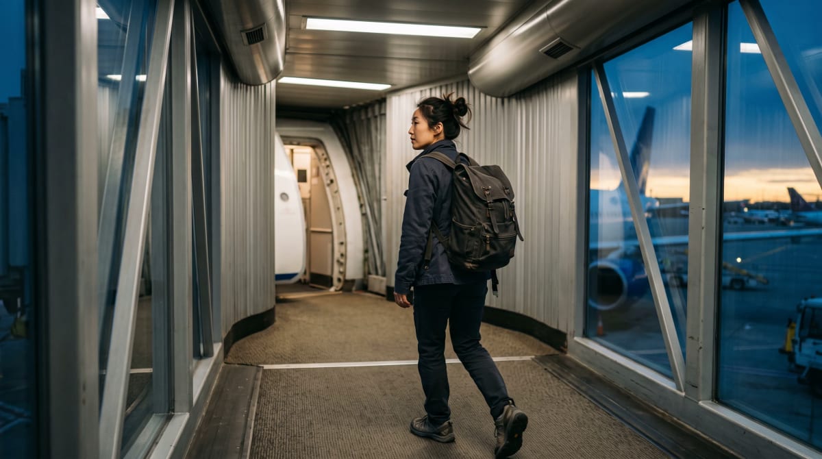 A traveler walking a jet bridge with a backpack in Minneapolis