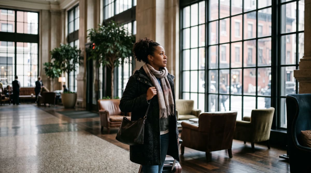 A traveler in a hotel lobby with a scarf in New York