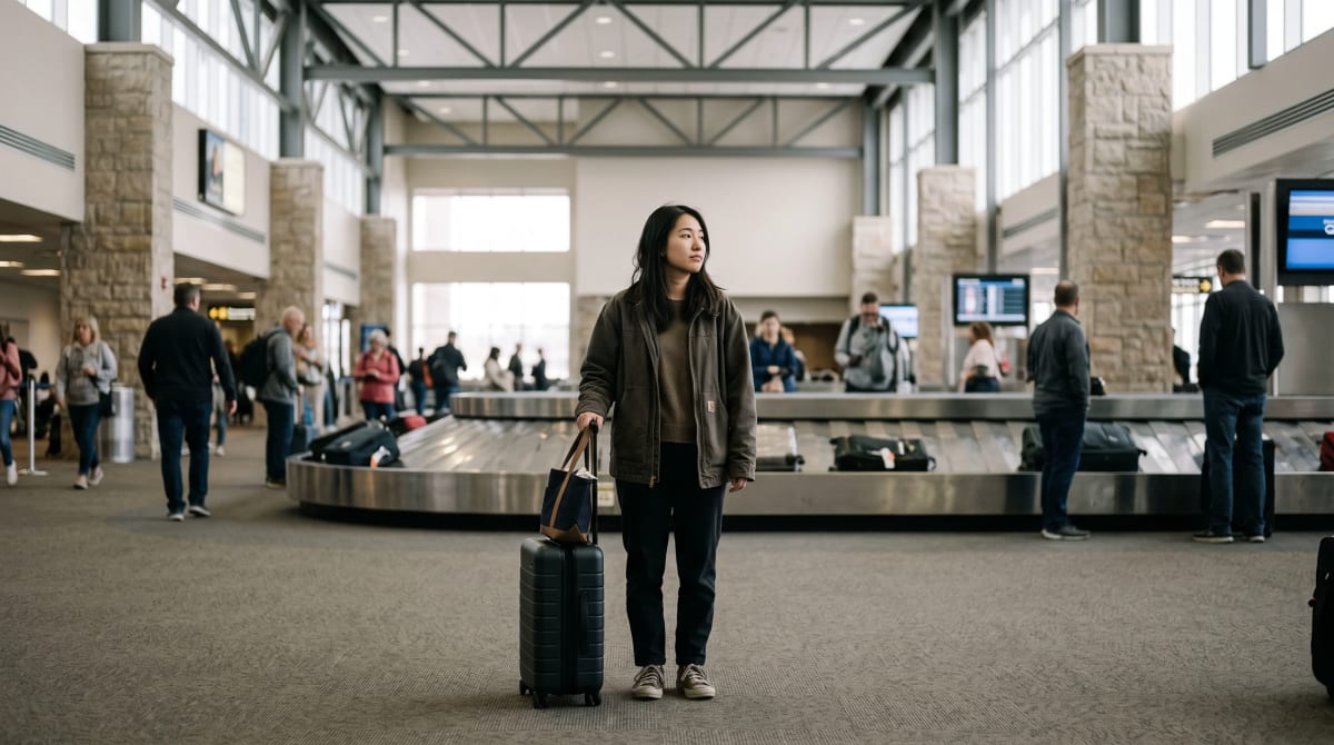 A traveler at baggage claim with a carry-on roller in Salt Lake City