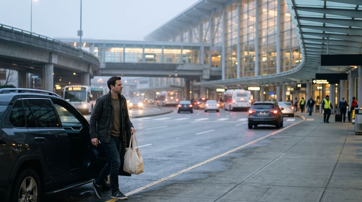 A traveler at curbside arrival with a tote in Seattle