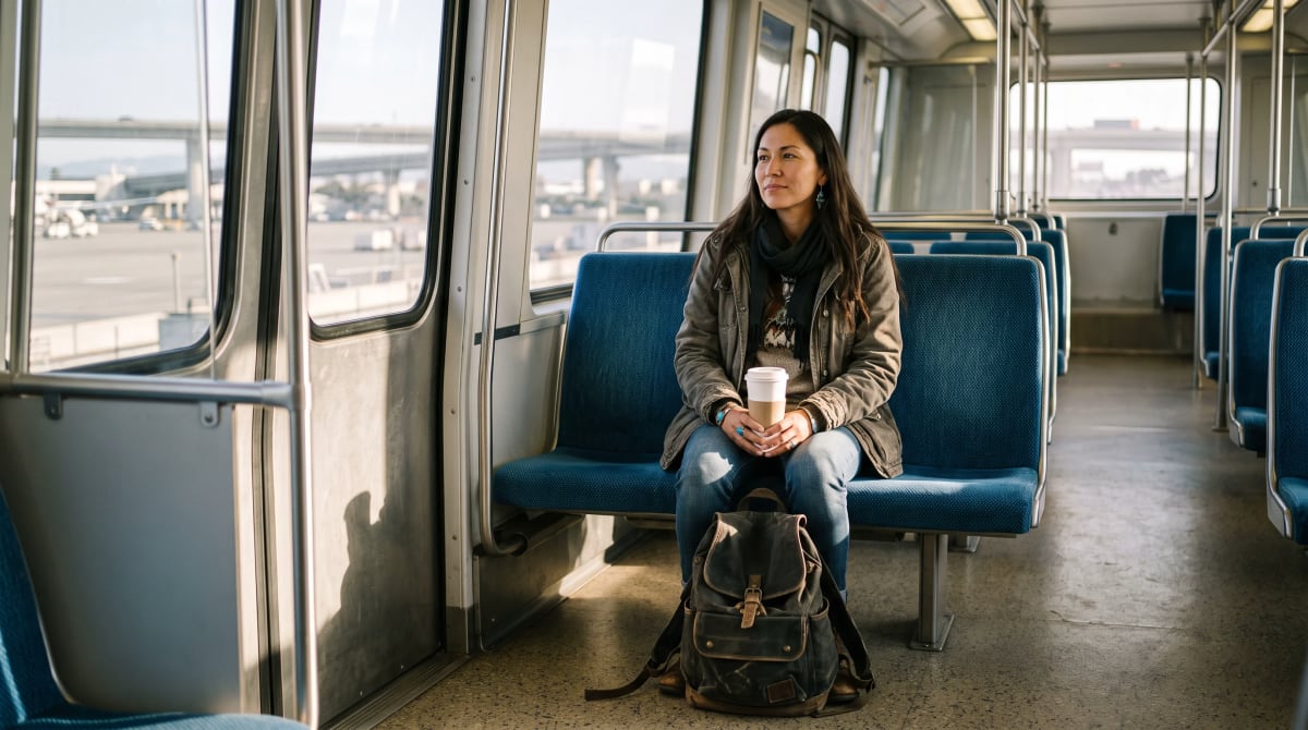A traveler seated on an airport train holding a paper cup in San Francisco