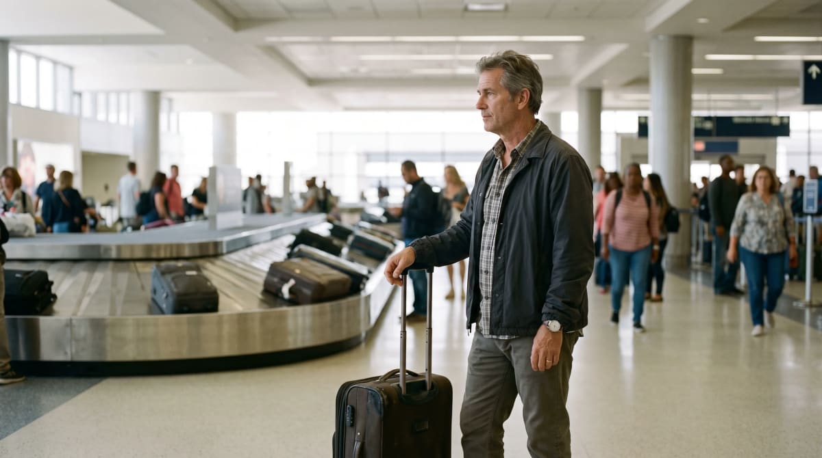 A traveler waiting at baggage claim beside a roller in Los Angeles