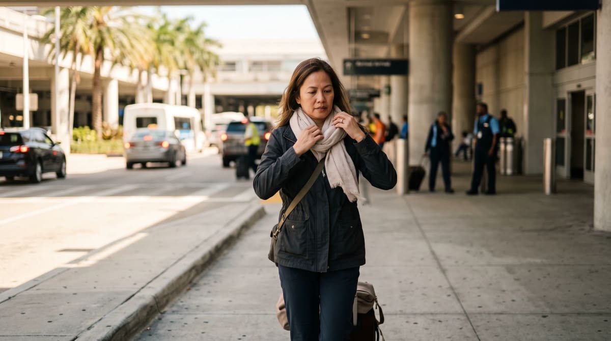 A traveler arriving curbside adjusting a scarf in Miami