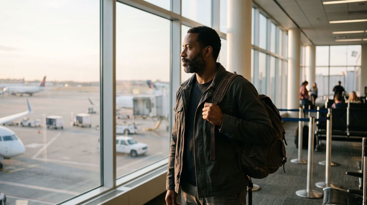 A traveler standing at an airport gate window with a backpack in Chicago