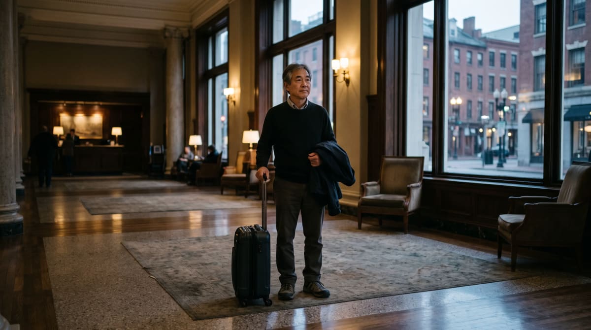 A traveler standing in a hotel lobby holding a jacket in Boston