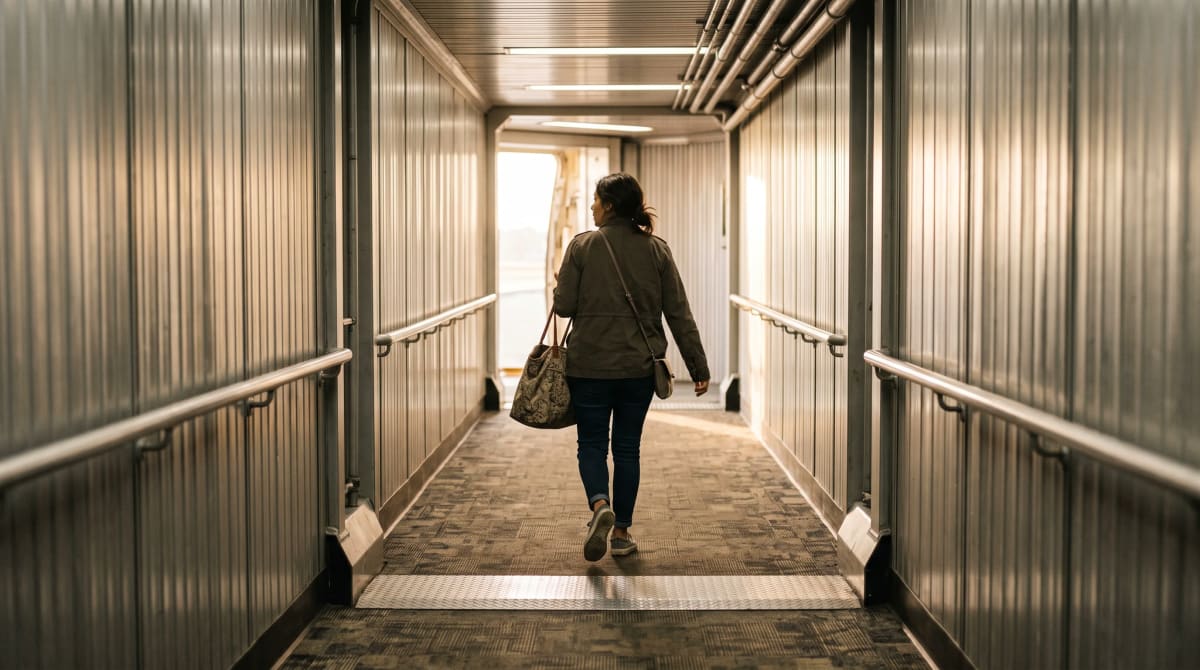 A traveler walking a jet bridge carrying a tote in Atlanta