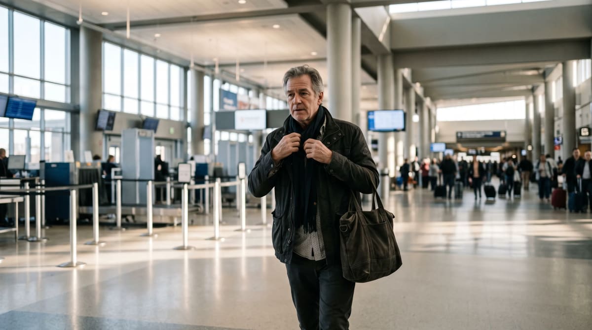 A traveler emerging from a security exit with a tote and scarf in Atlanta