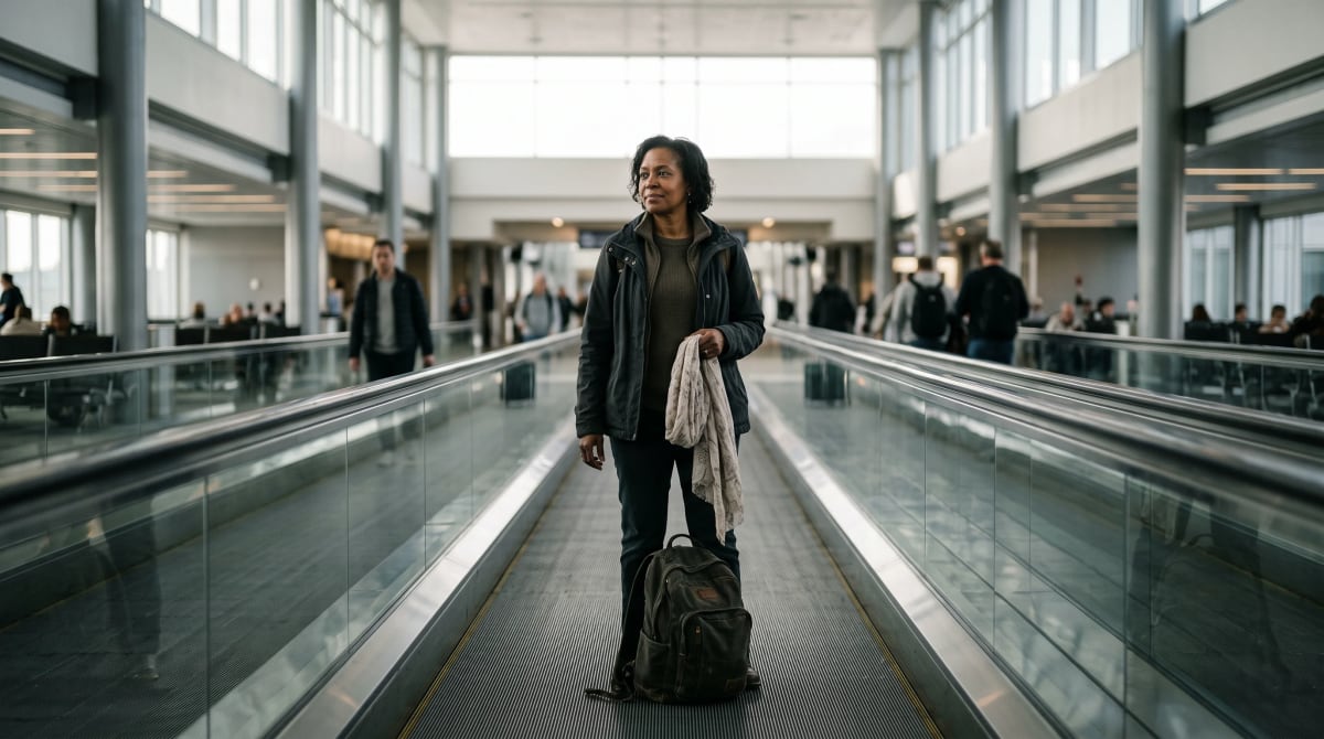 A traveler on a concourse moving walkway with a scarf and backpack in Boston