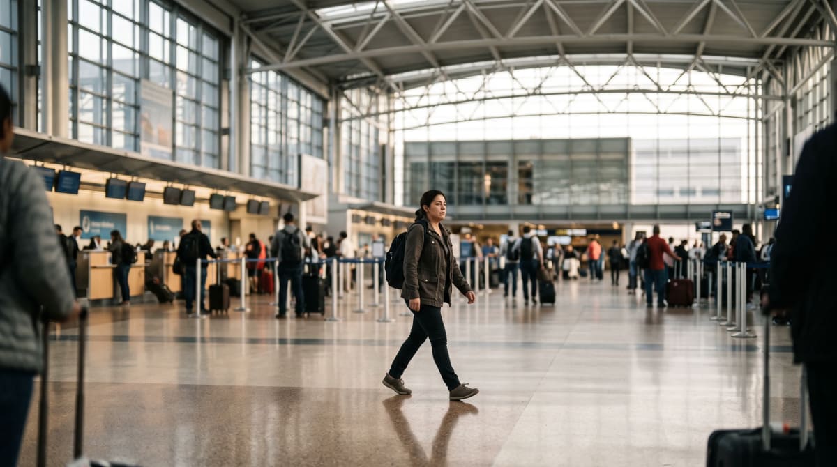 A traveler walking a check-in hall with a backpack in Chicago
