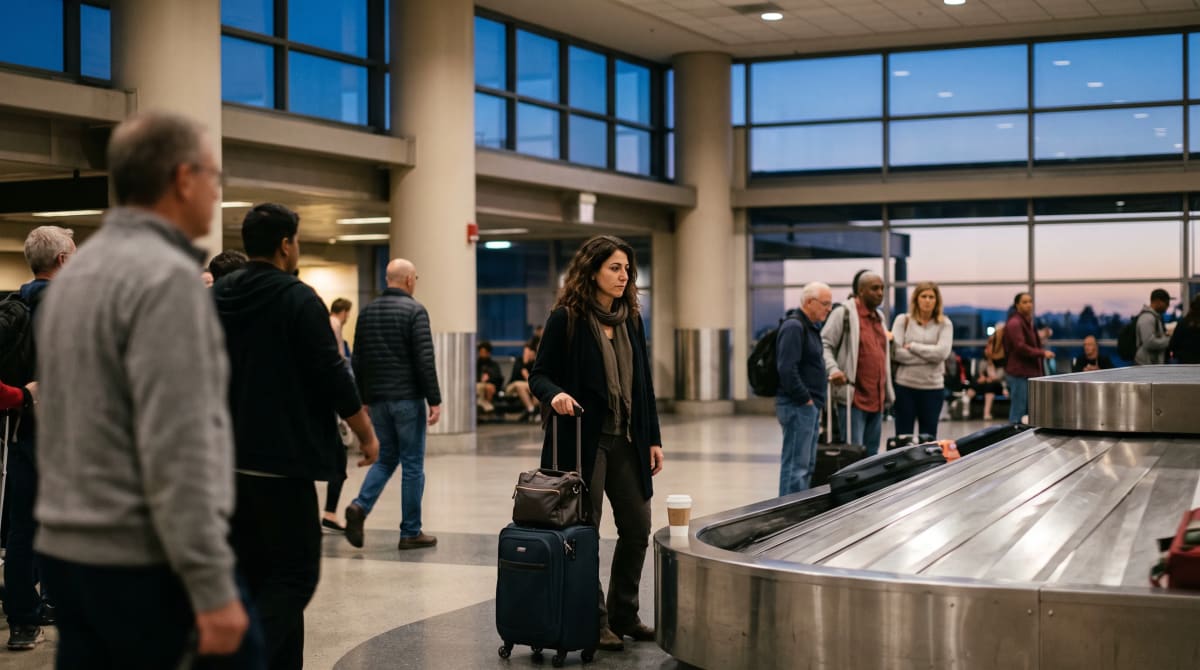 A traveler at baggage claim with a roller and paper cup in Los Angeles