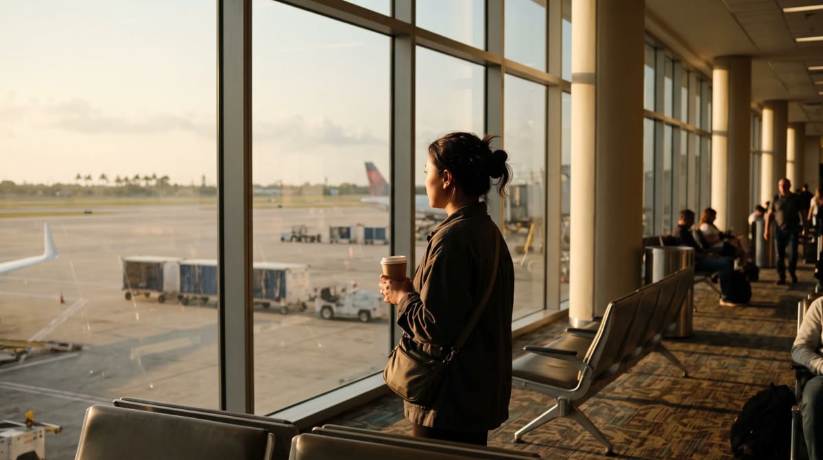 A traveler at a gate window holding a paper cup in Miami