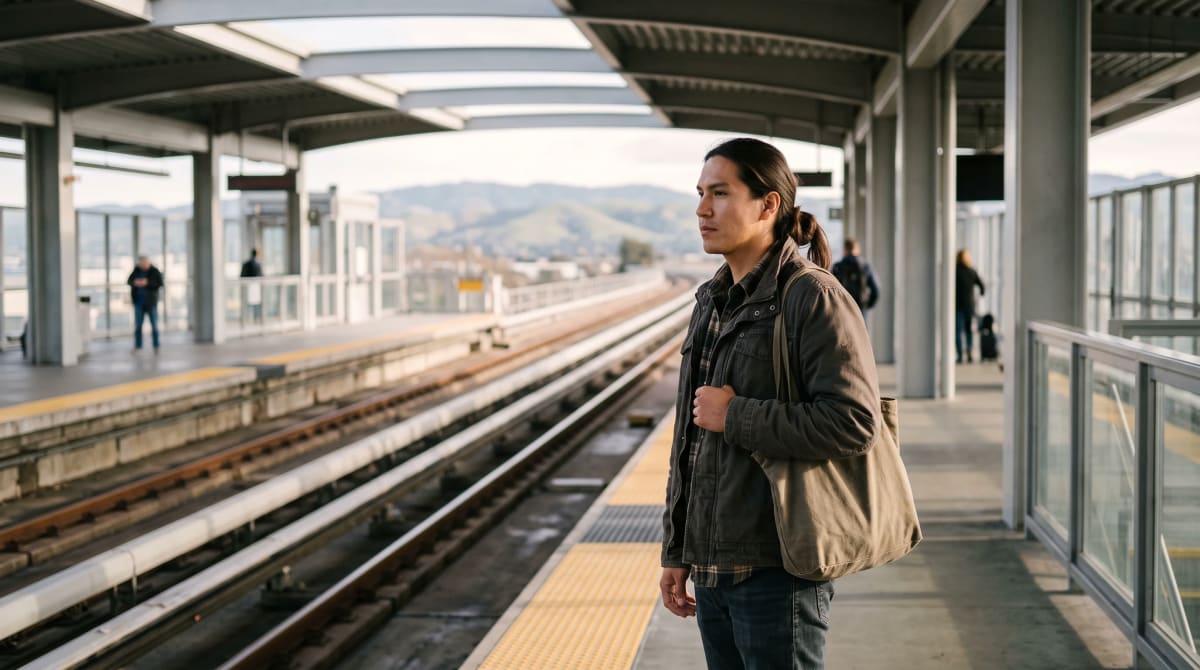 A traveler waiting on an airport train platform with a tote in San Francisco