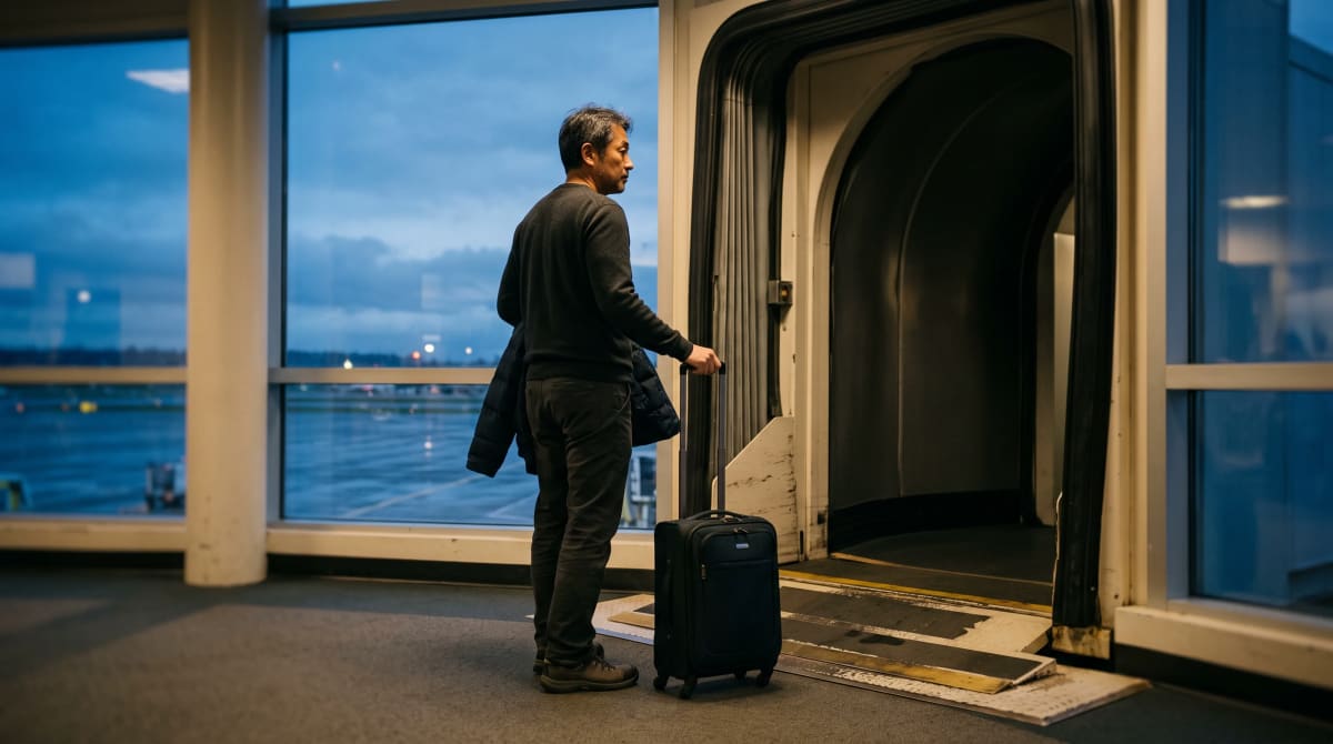 A traveler at a jet bridge entrance with a jacket and roller in Seattle