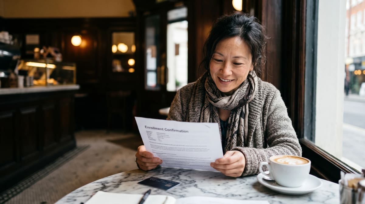 Credit card and printed enrollment confirmation beside a coffee cup on a cafe table