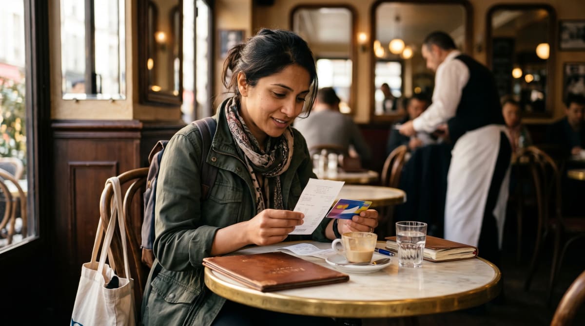 Restaurant table with a printed receipt and an airline loyalty card beside the menu