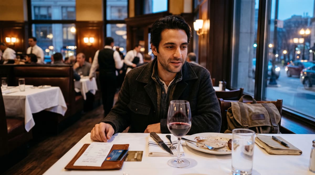 Two credit cards beside a dinner receipt on a white tablecloth