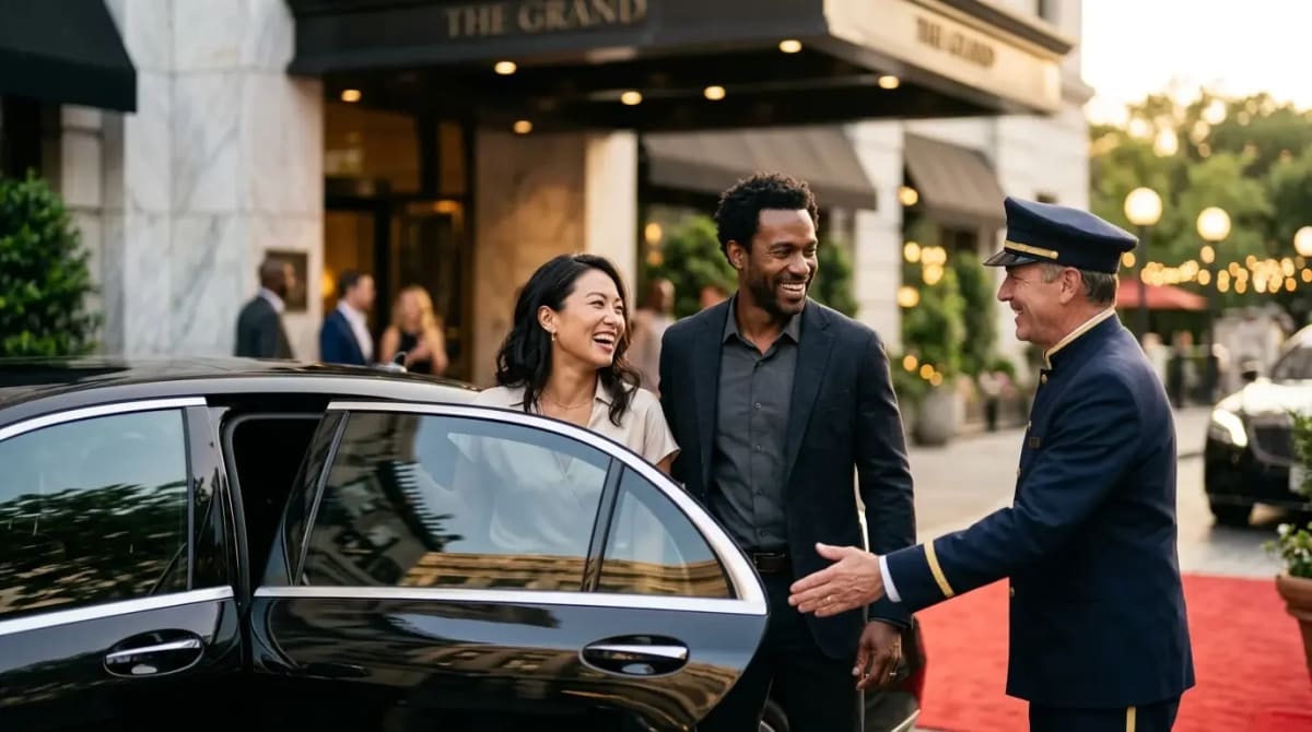 Traveler arriving at luxury hotel entrance evaluating premium credit card value