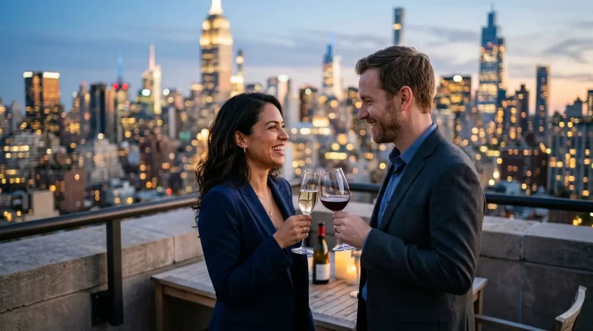 Traveler toasting on luxury hotel terrace after premium travel experience
