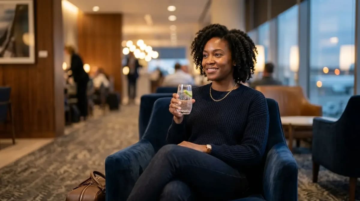 Traveler relaxing in premium lounge with Amex Platinum benefits