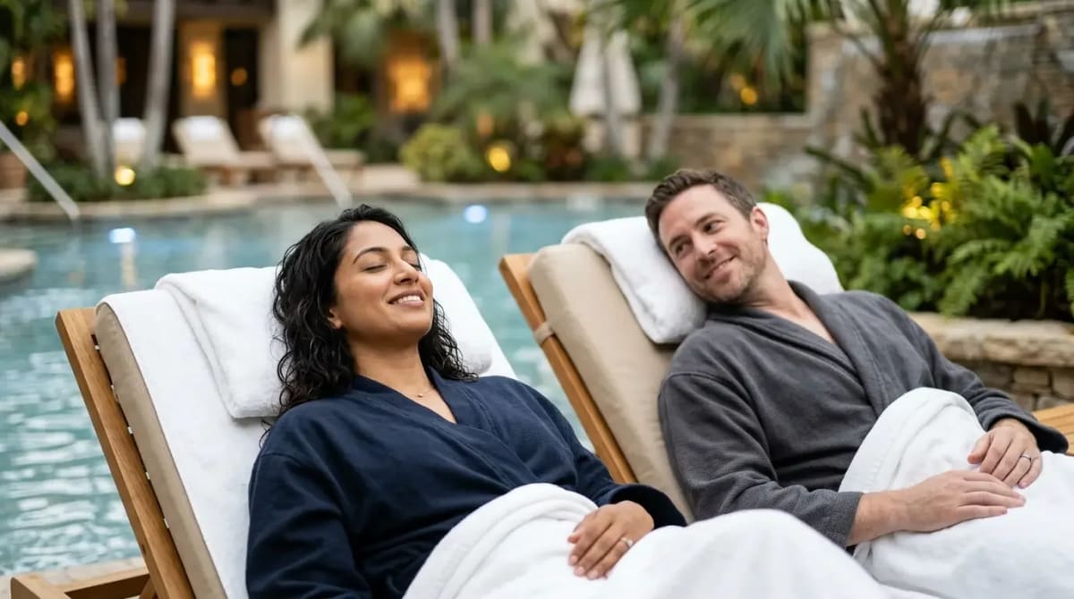 Traveler relaxing at luxury hotel spa using Amex Platinum perks