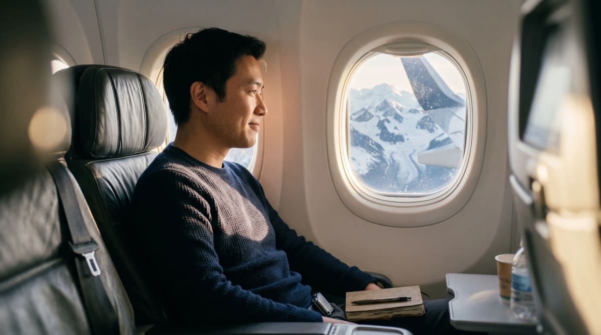 Window seat view of snowy mountains below a regional jet wing