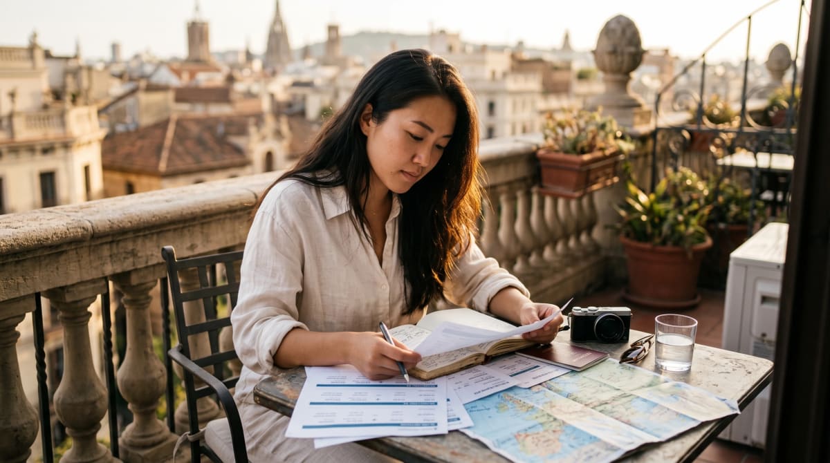 Laptop showing a multi-city flight search beside a notebook