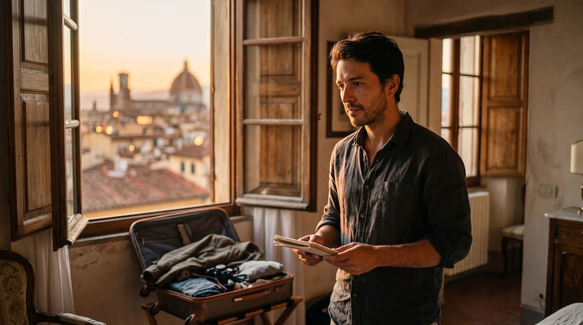 Suitcase by a hotel window overlooking an old city at sunset