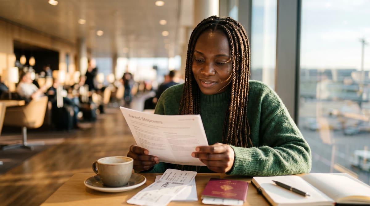 Boarding passes and a coffee cup on a lounge side table