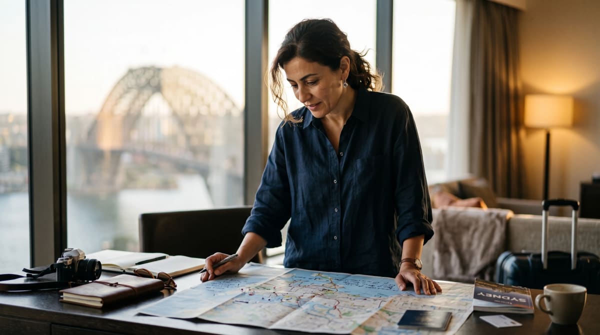 Printed route map with pinned destinations on a hotel desk