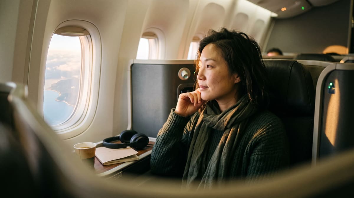 A business class cabin seat with a window view at golden hour