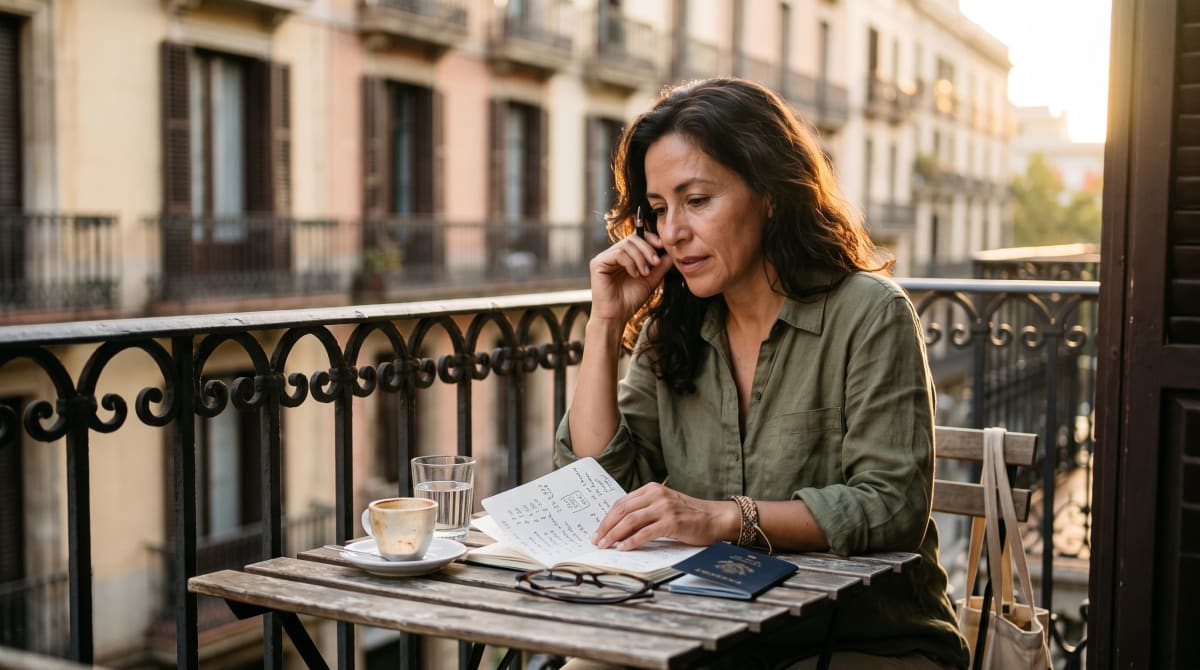 A notebook with price math beside a passport on a balcony table