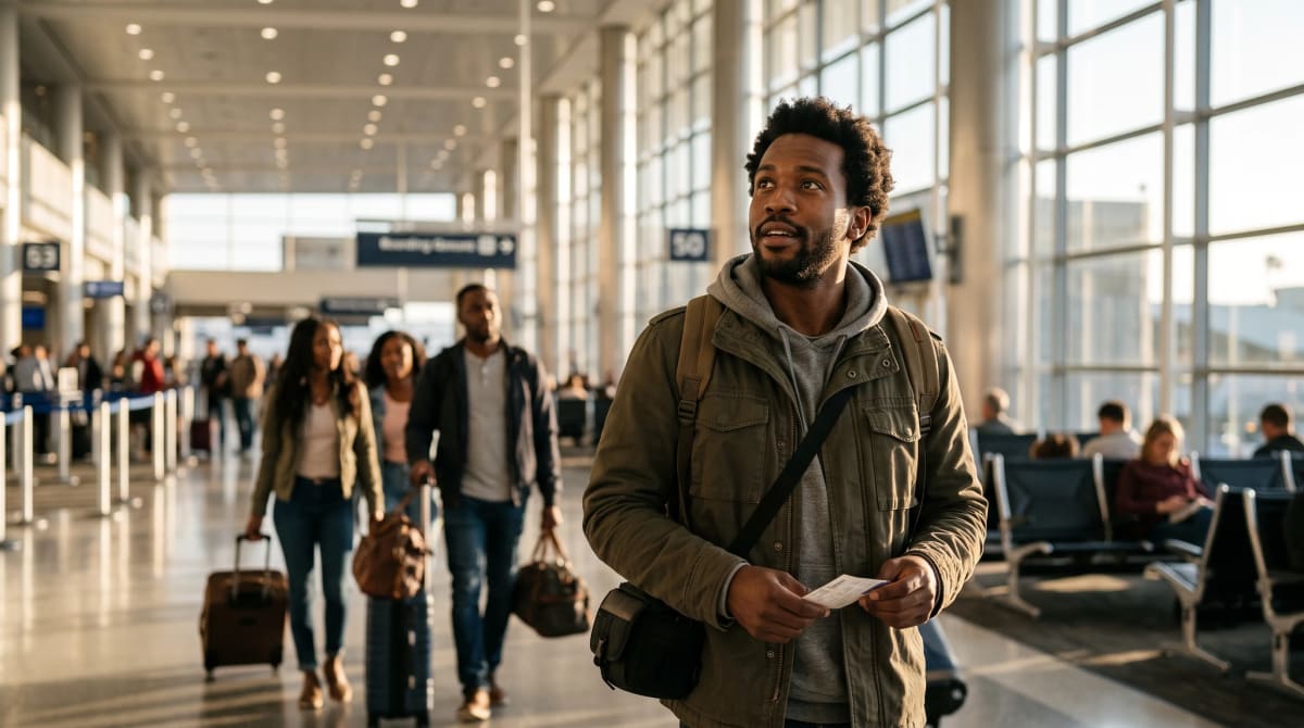 A small group of travelers walking to a gate in a bright terminal
