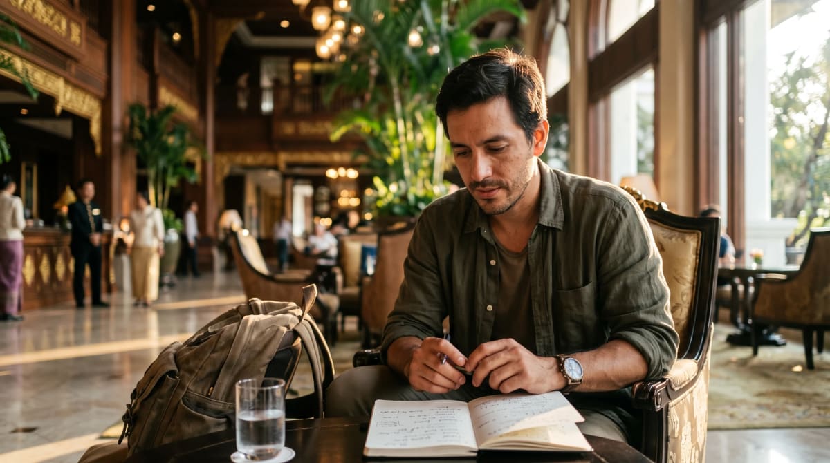 A couple at a rooftop restaurant reviewing a printed flight plan