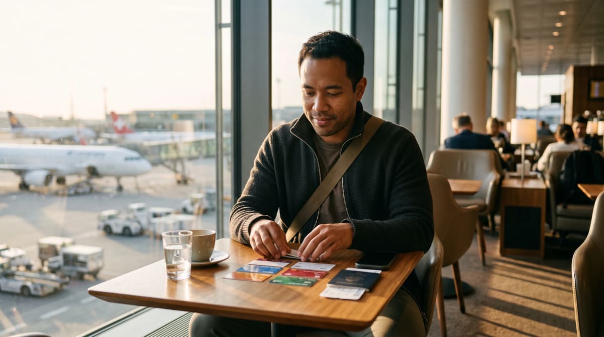 A traveler in a hotel lobby with a notebook of hotel and flight options