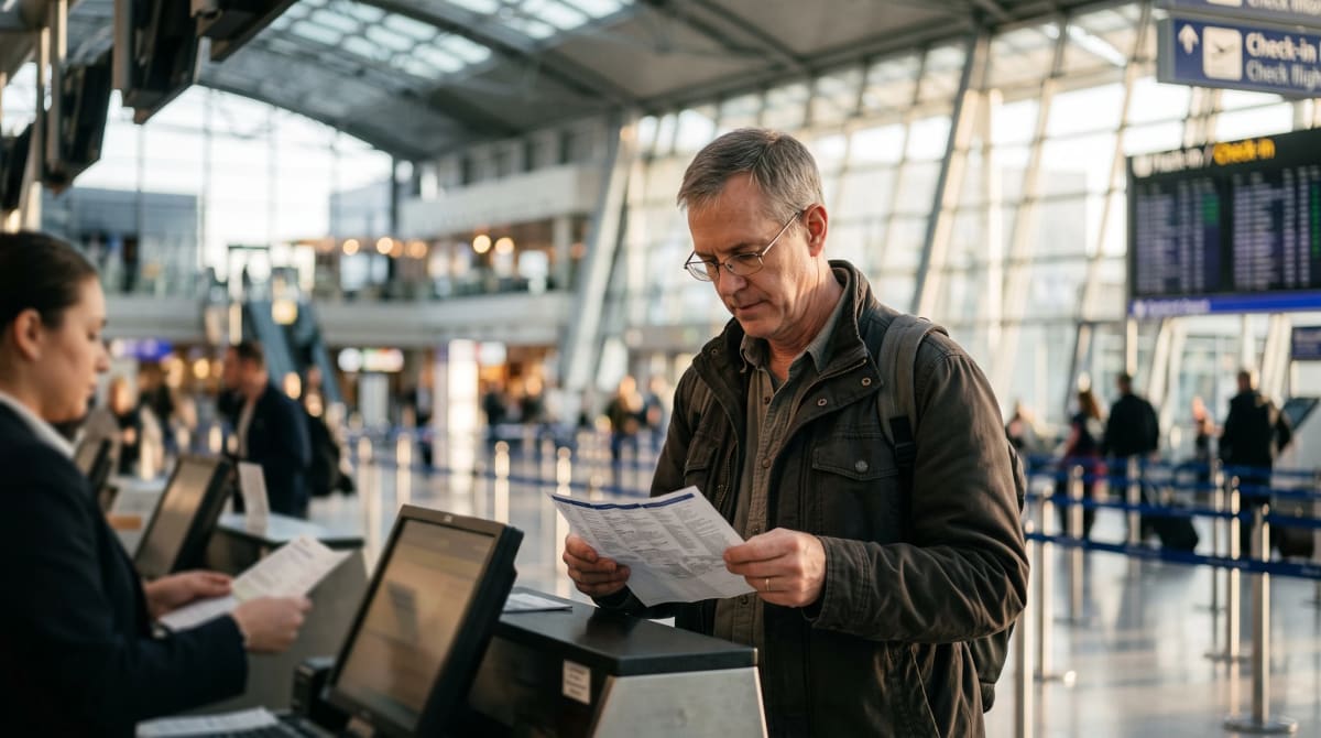 A traveler checking a printed itinerary at an airline check-in counter