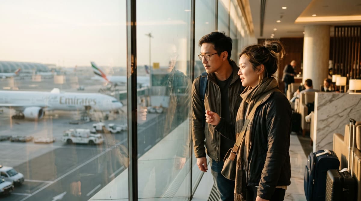 Travelers watching planes from a premium lounge window
