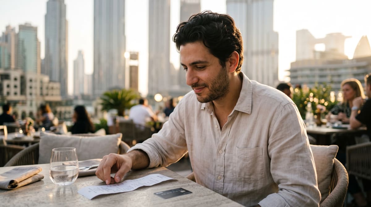 Rooftop restaurant table with a card and a business lunch receipt at golden hour