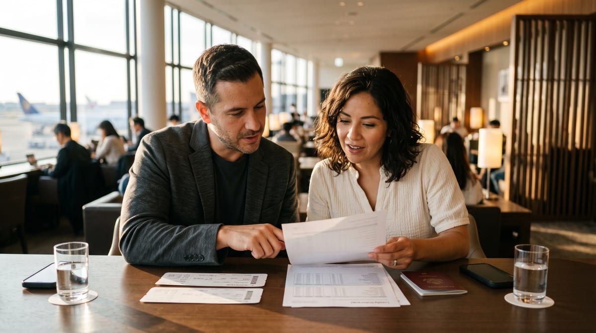 Airline boarding passes and a points statement on a premium lounge table
