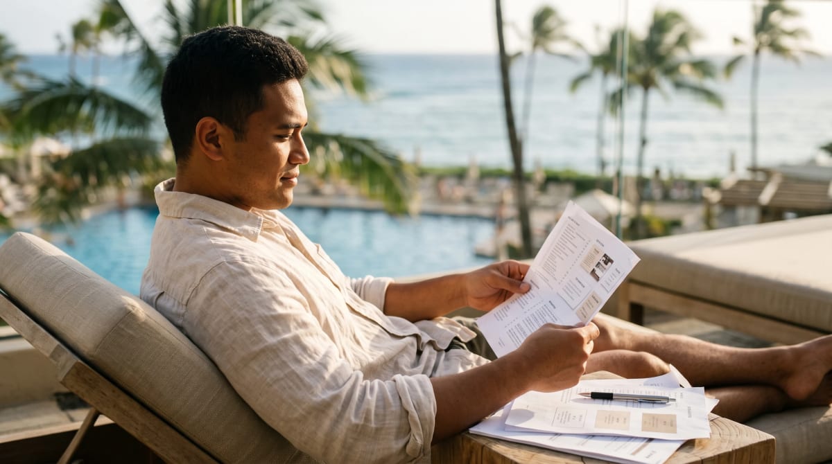 Notebook with handwritten card choices beside a resort pool