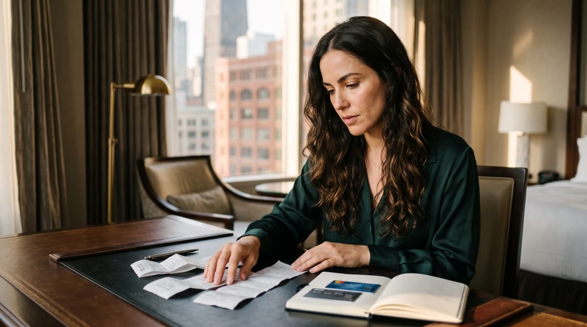 Two business cards and receipts on a hotel room desk