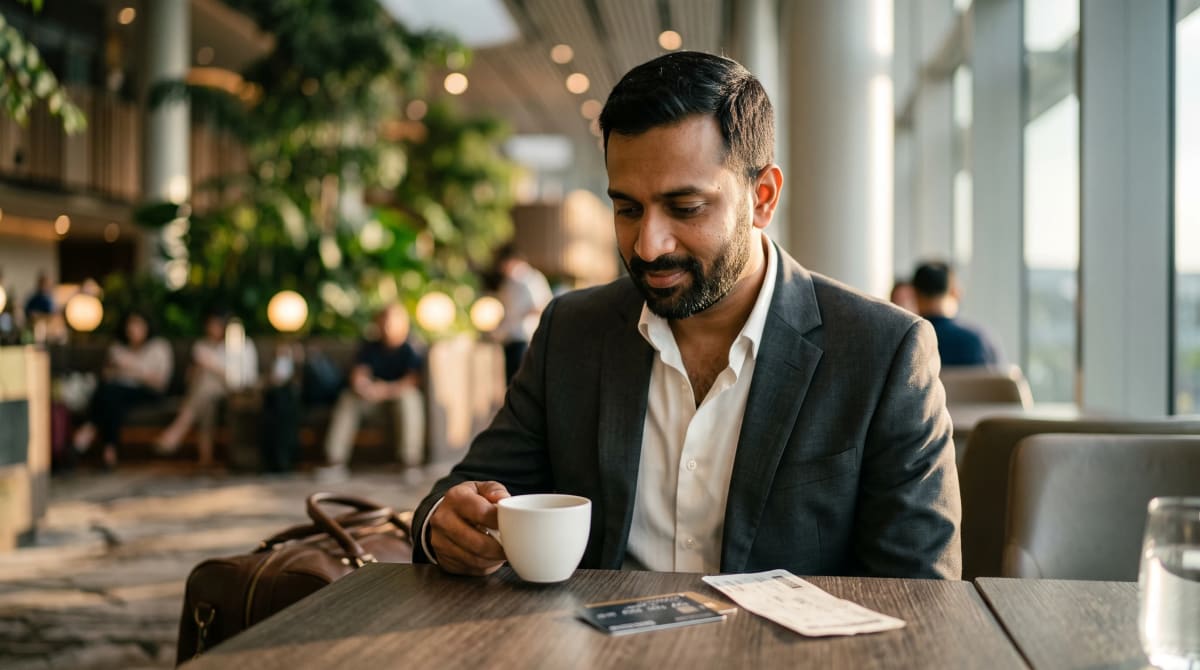Business credit card on an airport lounge table with a boarding pass and coffee
